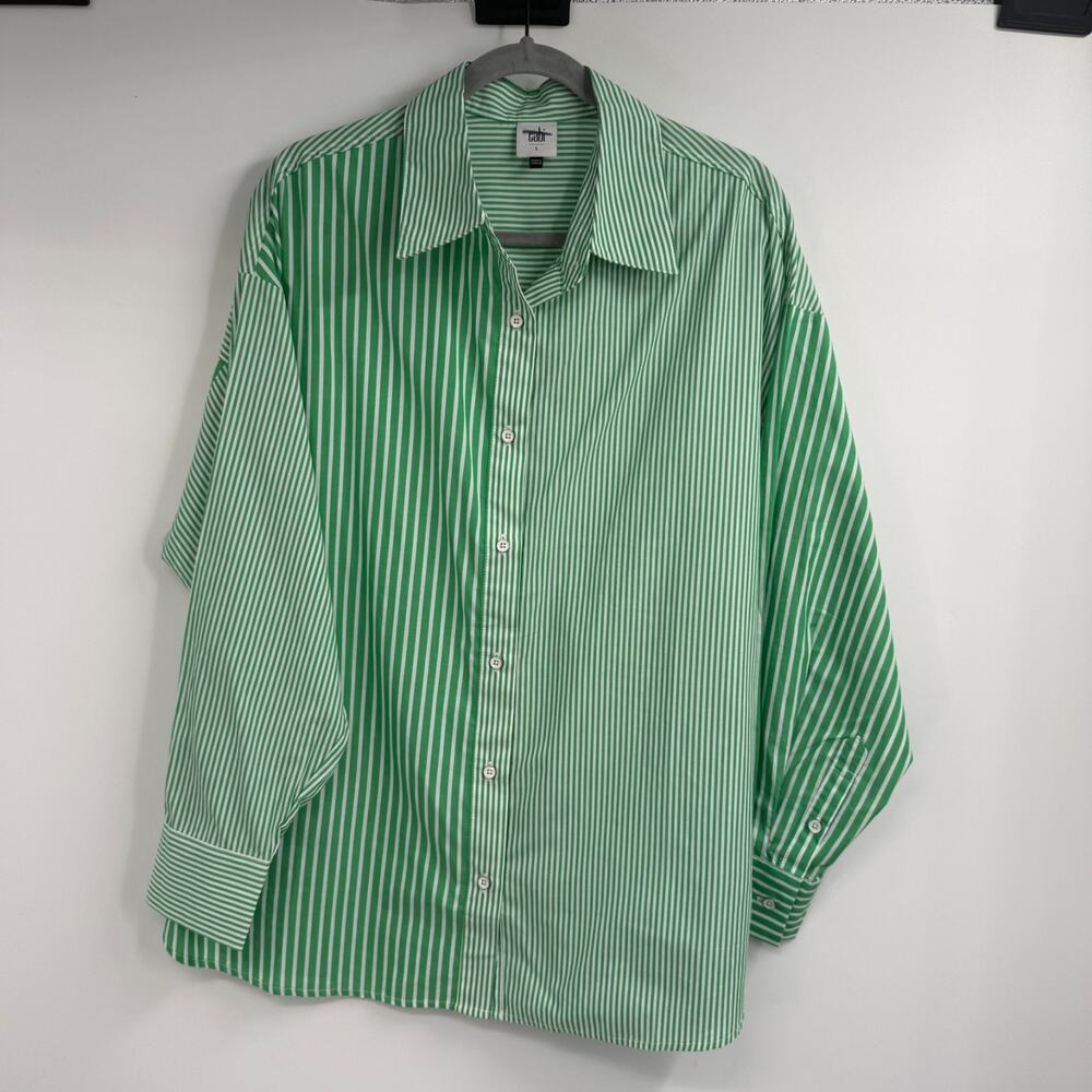 Cabi 6292 Dad Shirt Womens L Green White Striped Button Up Long Sleeve Oversized